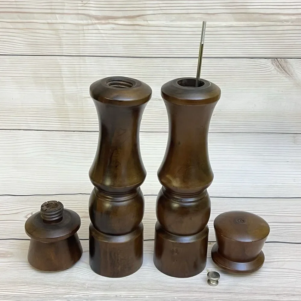 VTG Large Wood Turned Salt Shaker & Pepper Mill Grinder Set 12” MCM Retro Rustic